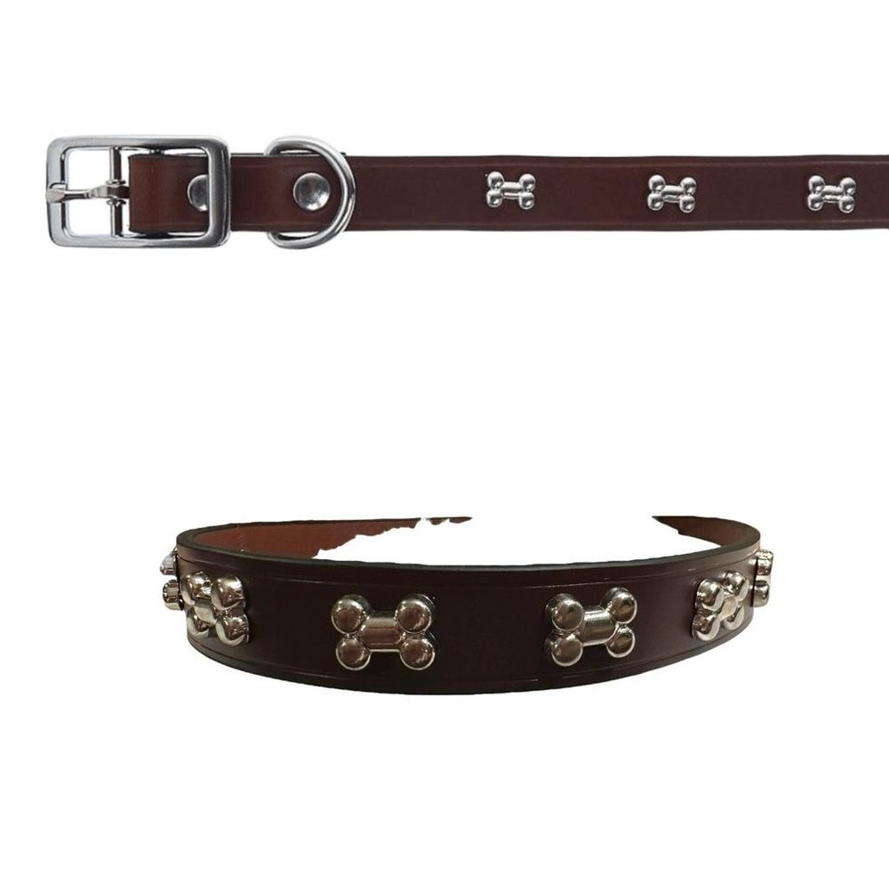 Top‎ Paw Bone Studded Brown Leather Dog Collar Size Medium 14-18 in